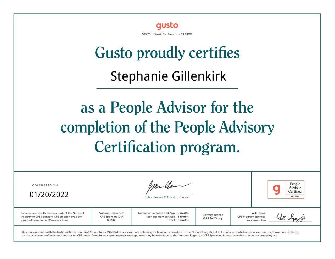 Gusto_PA certification